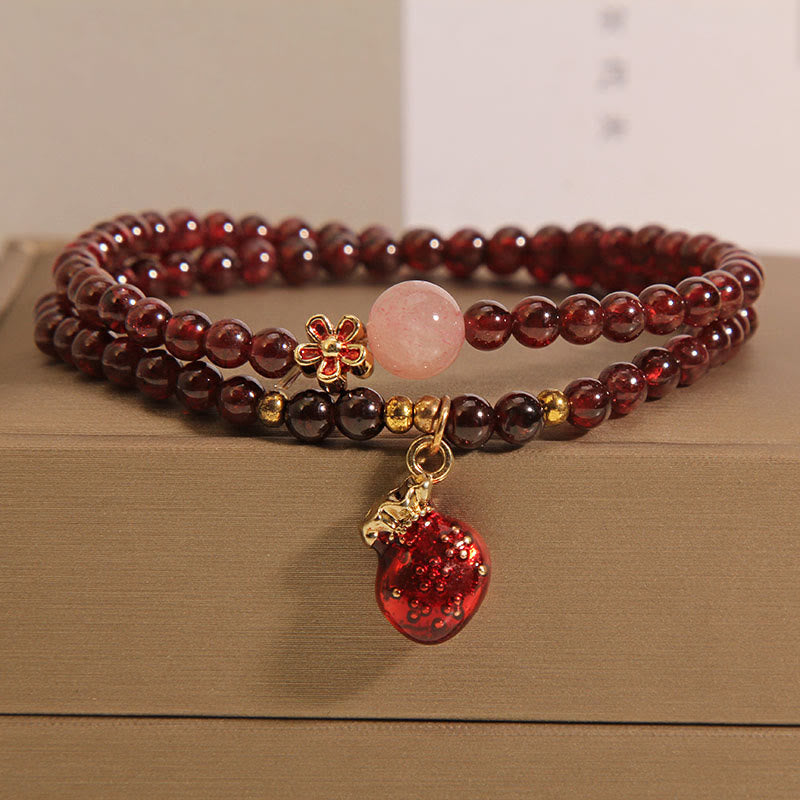 Buddha Stones Natural 3mm Ultra-thin Garnet Rose Quartz Beads Money Bag Bell Flower Protection Bracelet - Garnet Money Bag(Wrist Circumference: 14-15cm) - image 0