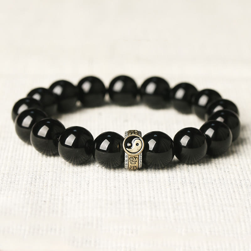 Buddha Stones Black Obsidian Yin Yang Nine-Character Mantra Fulfilment Bracelet - 12mm(Wrist Circumference: 14-16cm) - image 0