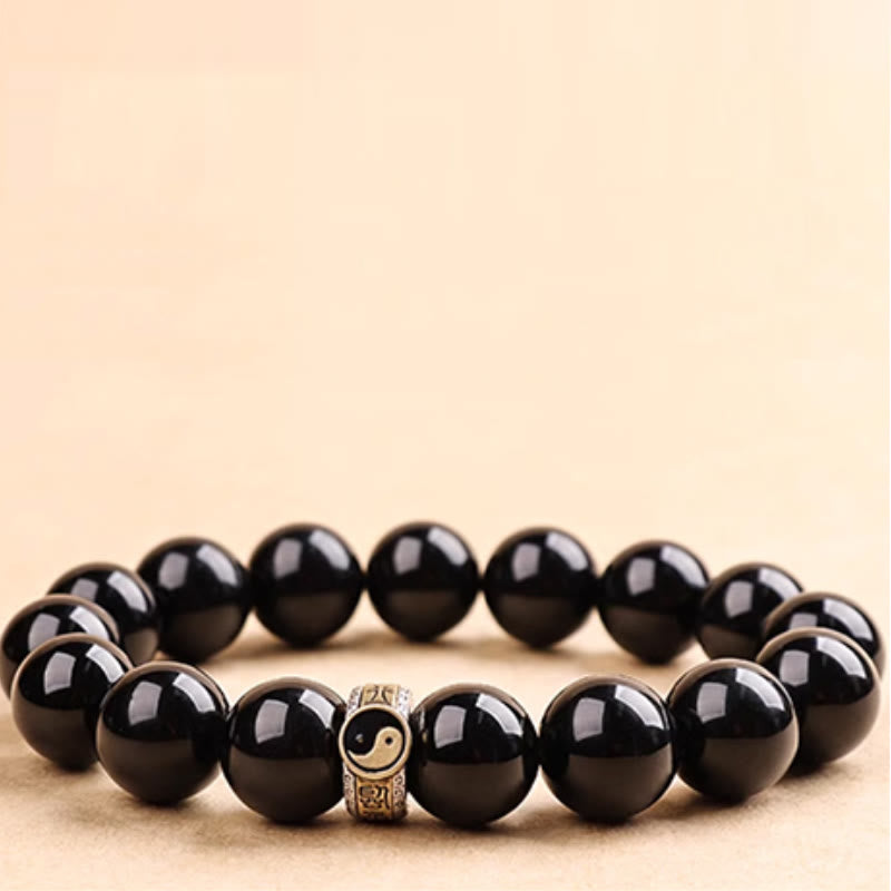 Buddha Stones Black Obsidian Yin Yang Nine-Character Mantra Fulfilment Bracelet - image 4