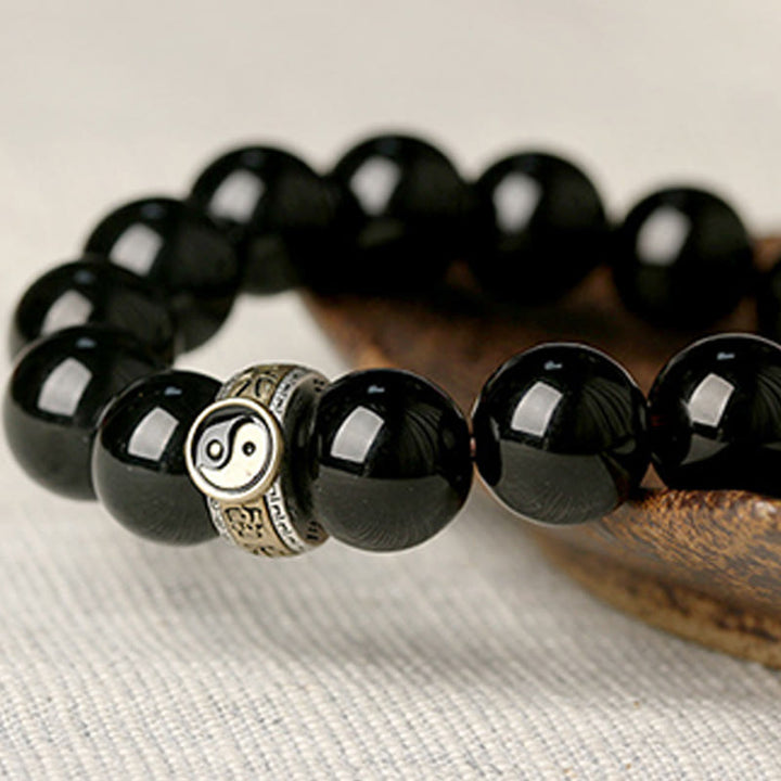 Buddha Stones Black Obsidian Yin Yang Nine-Character Mantra Fulfilment Bracelet - image 3