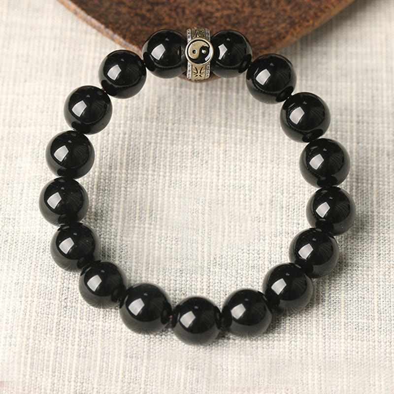Buddha Stones Black Obsidian Yin Yang Nine-Character Mantra Fulfilment Bracelet - image 1