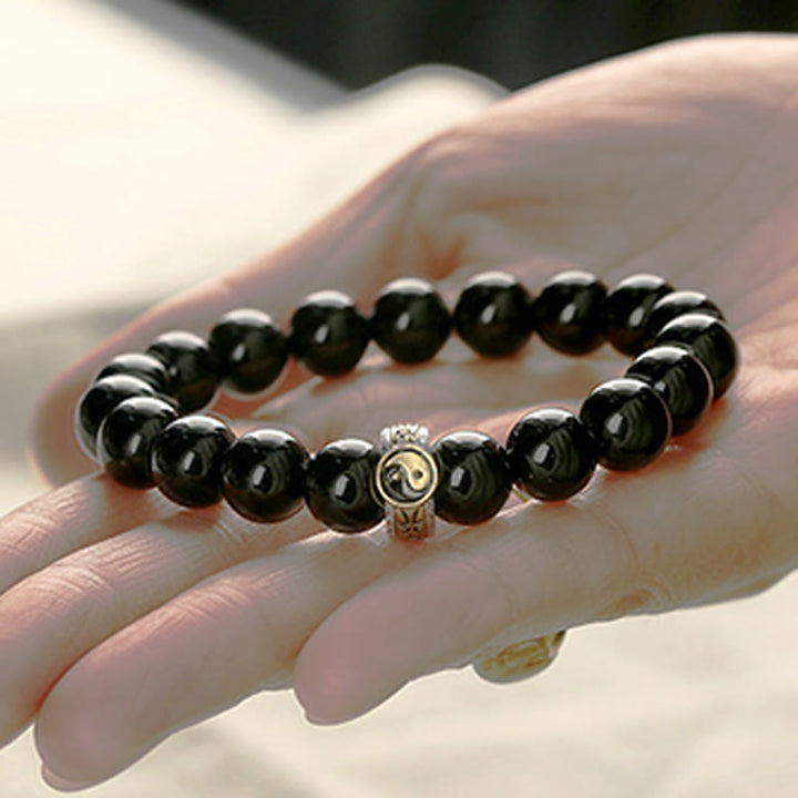 Buddha Stones Black Obsidian Yin Yang Nine-Character Mantra Fulfilment Bracelet - image 11
