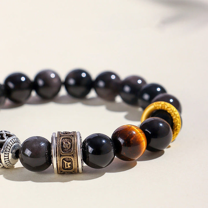 Buddha Stones Silver Sheen Obsidian Tiger Eye Om Mani Padme Hum Protection Bracelet - image 4