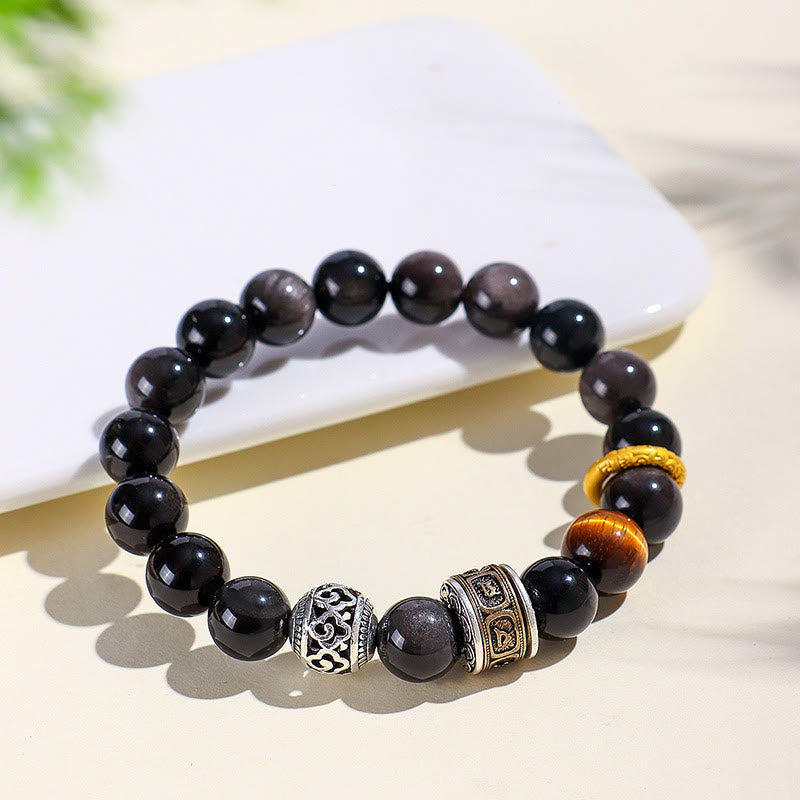 Buddha Stones Silver Sheen Obsidian Tiger Eye Om Mani Padme Hum Protection Bracelet - image 2