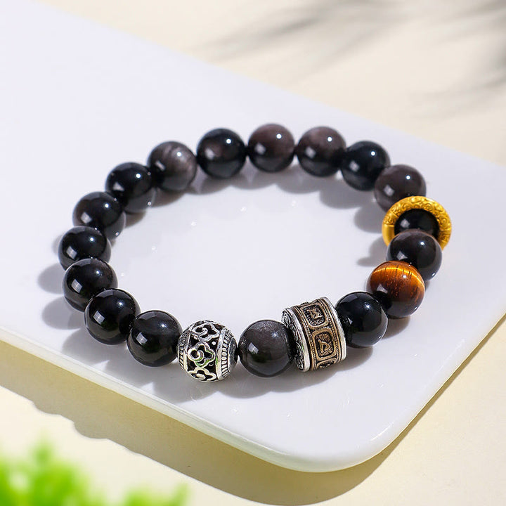 Buddha Stones Silver Sheen Obsidian Tiger Eye Om Mani Padme Hum Protection Bracelet - image 1