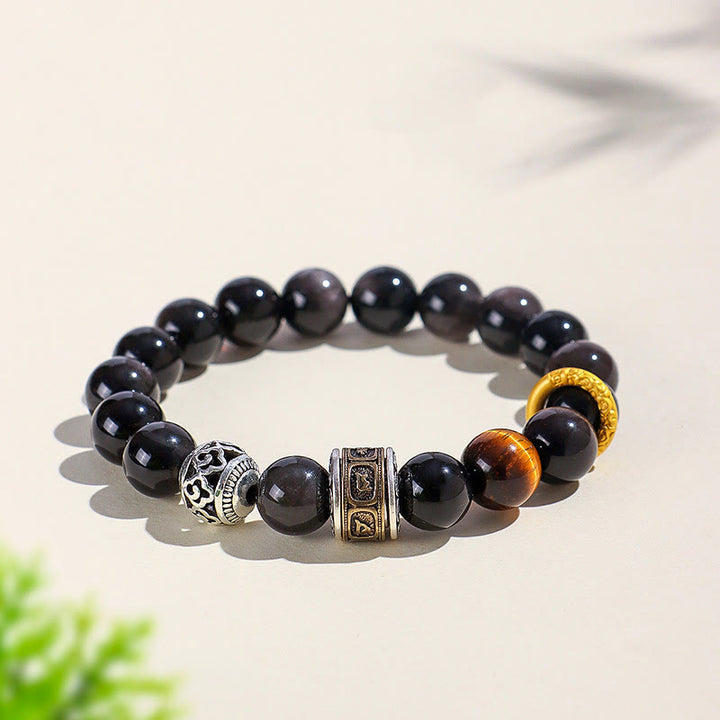 Buddha Stones Silver Sheen Obsidian Tiger Eye Om Mani Padme Hum Protection Bracelet - Silver Sheen Obsidian(Wrist Circumference: 14-15cm) - image 0