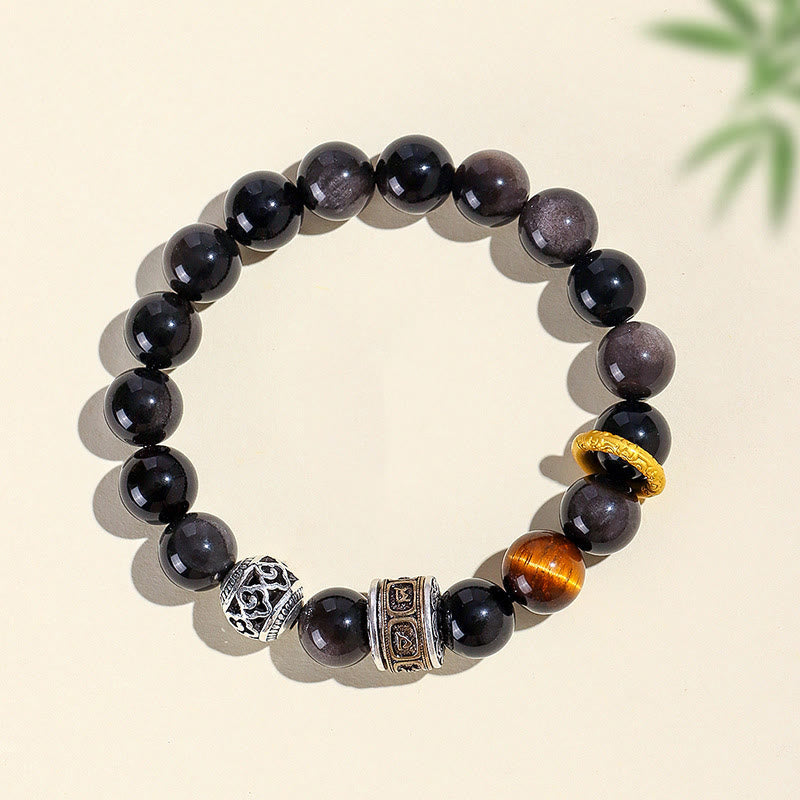 Buddha Stones Silver Sheen Obsidian Tiger Eye Om Mani Padme Hum Protection Bracelet - image 3