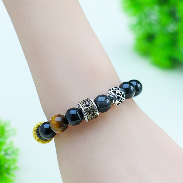 Buddha Stones Silver Sheen Obsidian Tiger Eye Om Mani Padme Hum Protection Bracelet - image 6
