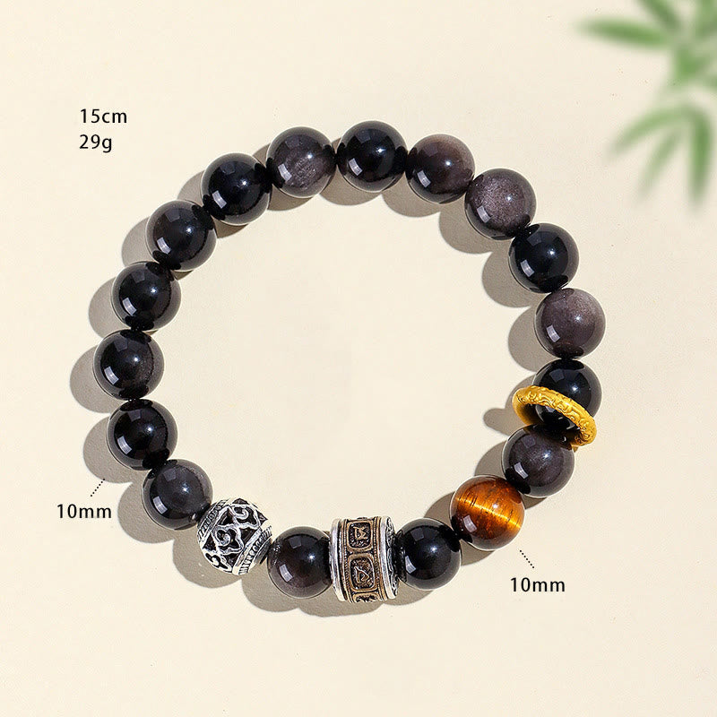 Buddha Stones Silver Sheen Obsidian Tiger Eye Om Mani Padme Hum Protection Bracelet - image 5