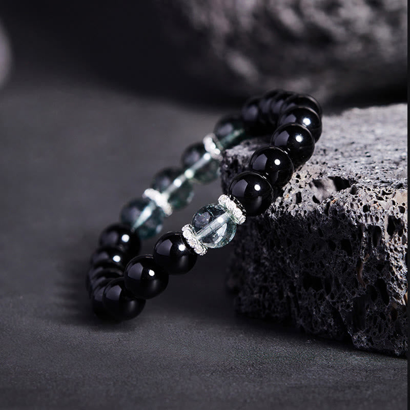 Buddha Stones 925 Sterling Silver Black Obsidian Green Phantom Strength Bracelet - image 1