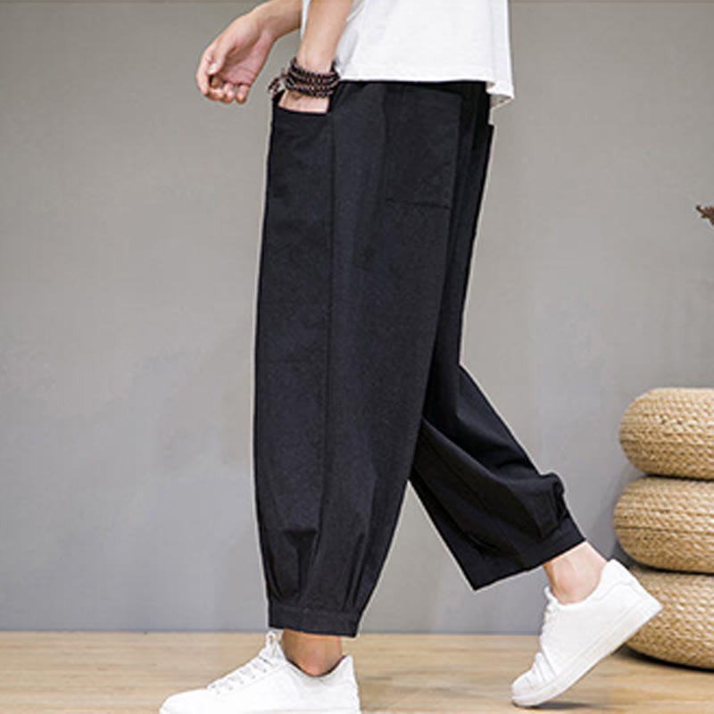 Buddha Stones Simple Cotton Men's Cropped Capri Harem Pants With Pockets - image 24