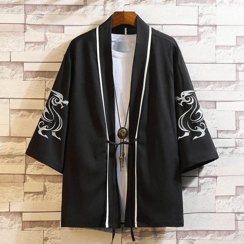 Buddha Stones Embroidery Dragon Phoenix Auspicious Cloud Waves Leaves Cranes Open Front Jacket Men's Kimono - White Dragon-Black - US/UK/AU46，EU56 (5XL) - image 6