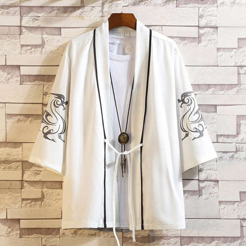 Buddha Stones Embroidery Dragon Phoenix Auspicious Cloud Waves Leaves Cranes Open Front Jacket Men's Kimono - White Dragon-White - US/UK/AU46，EU56 (5XL) - image 8