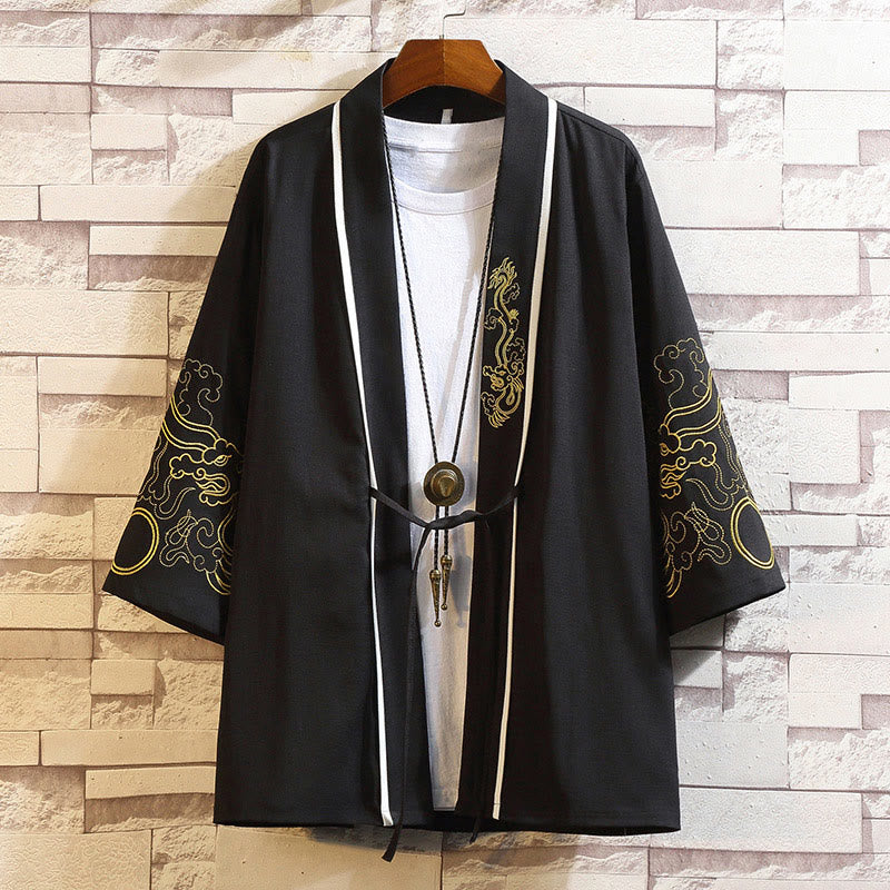 Buddha Stones Embroidery Dragon Phoenix Auspicious Cloud Waves Leaves Cranes Open Front Jacket Men's Kimono - Golden Dragon Auspicious Clouds-Black - US/UK/AU46，EU56 (5XL) - image 10