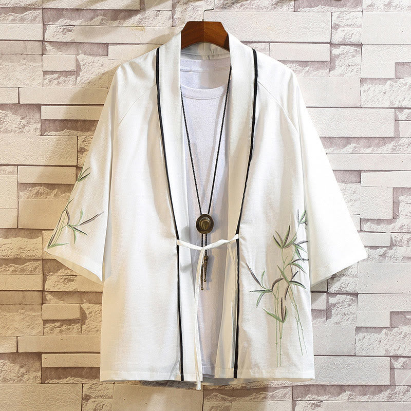 Buddha Stones Embroidery Dragon Phoenix Auspicious Cloud Waves Leaves Cranes Open Front Jacket Men's Kimono - Leaves-White - US/UK/AU46，EU56 (5XL) - image 16