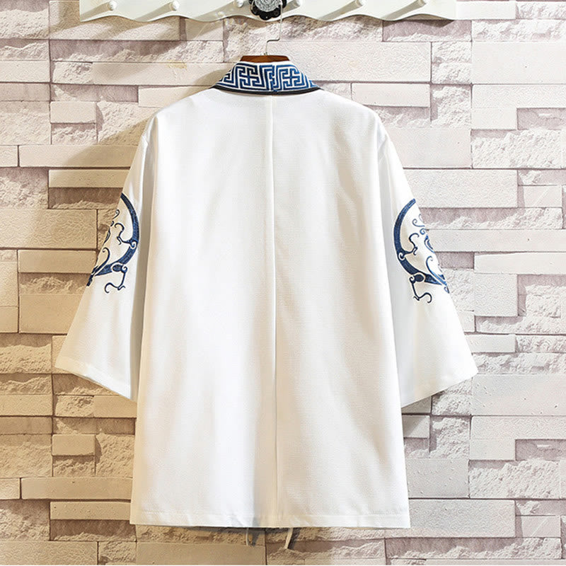 Buddha Stones Embroidery Dragon Phoenix Auspicious Cloud Waves Leaves Cranes Open Front Jacket Men's Kimono - image 4