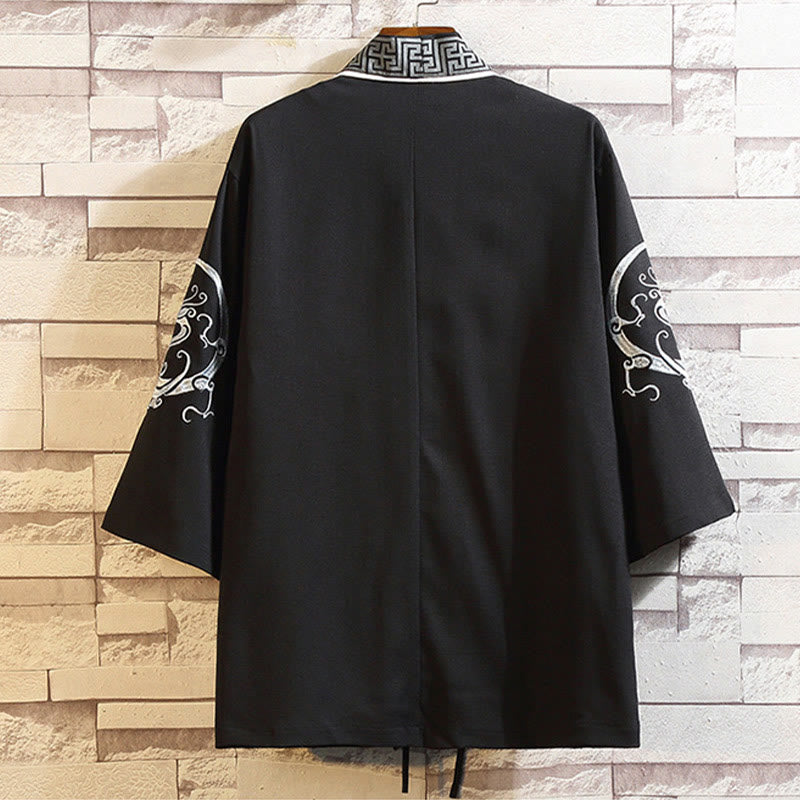 Buddha Stones Embroidery Dragon Phoenix Auspicious Cloud Waves Leaves Cranes Open Front Jacket Men's Kimono - image 1