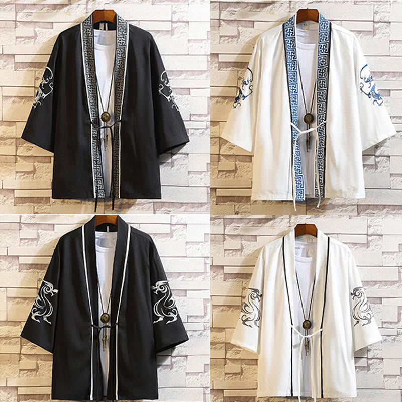 Buddha Stones Embroidery Dragon Phoenix Auspicious Cloud Waves Leaves Cranes Open Front Jacket Men's Kimono - image 45