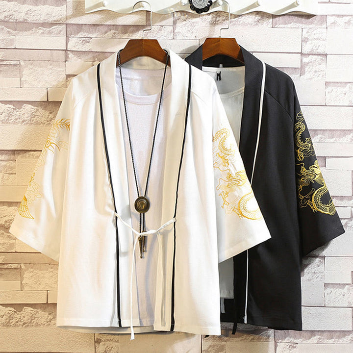 Buddha Stones Embroidery Dragon Phoenix Auspicious Cloud Waves Leaves Cranes Open Front Jacket Men's Kimono - image 36