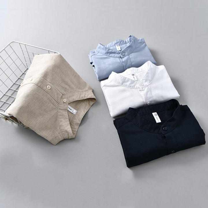 Buddha Stones Summer Solid Color Men's Half Button Short Sleeve Cotton Linen Shirt - image 18