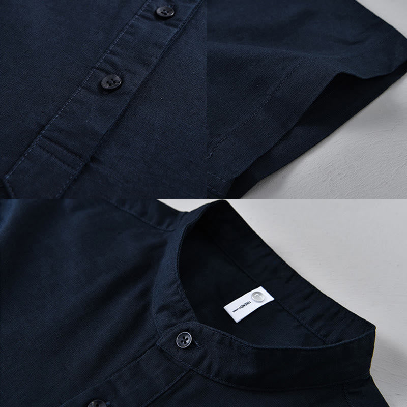 Buddha Stones Summer Solid Color Men's Half Button Short Sleeve Cotton Linen Shirt - image 16