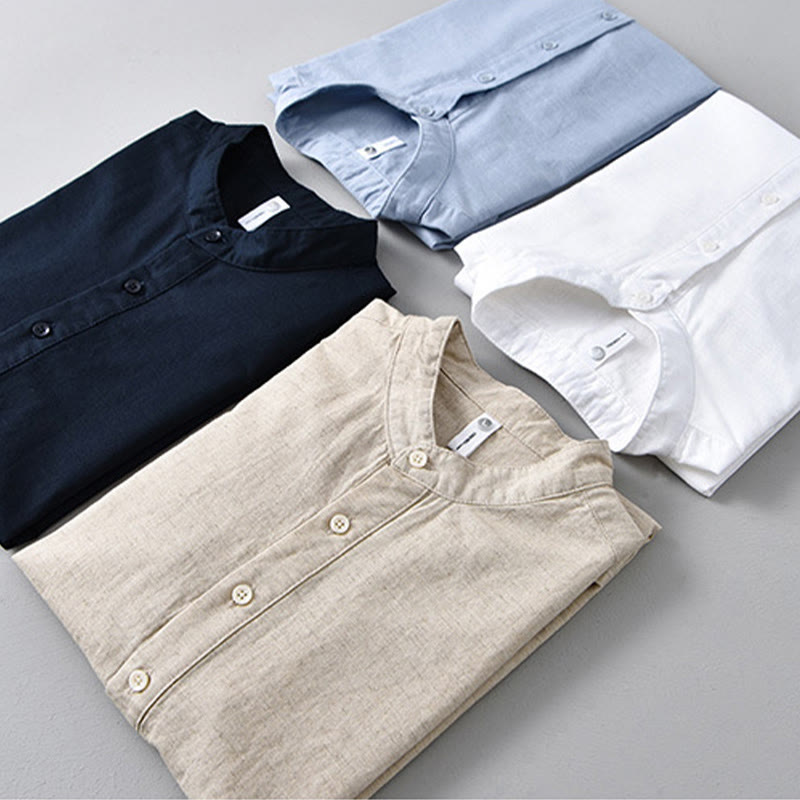 Buddha Stones Summer Solid Color Men's Half Button Short Sleeve Cotton Linen Shirt - image 1
