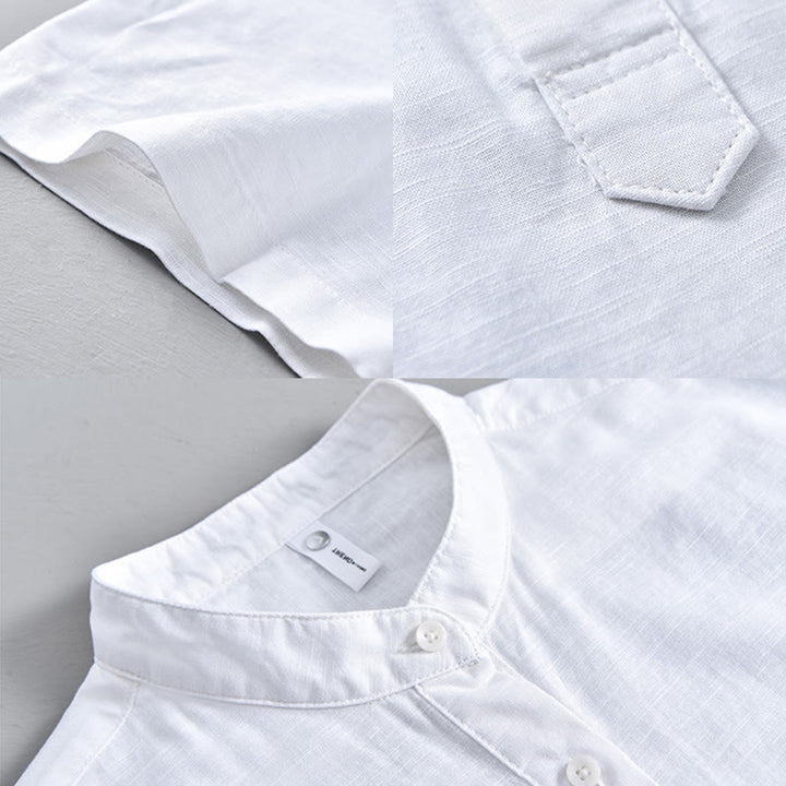 Buddha Stones Summer Solid Color Men's Half Button Short Sleeve Cotton Linen Shirt - image 12