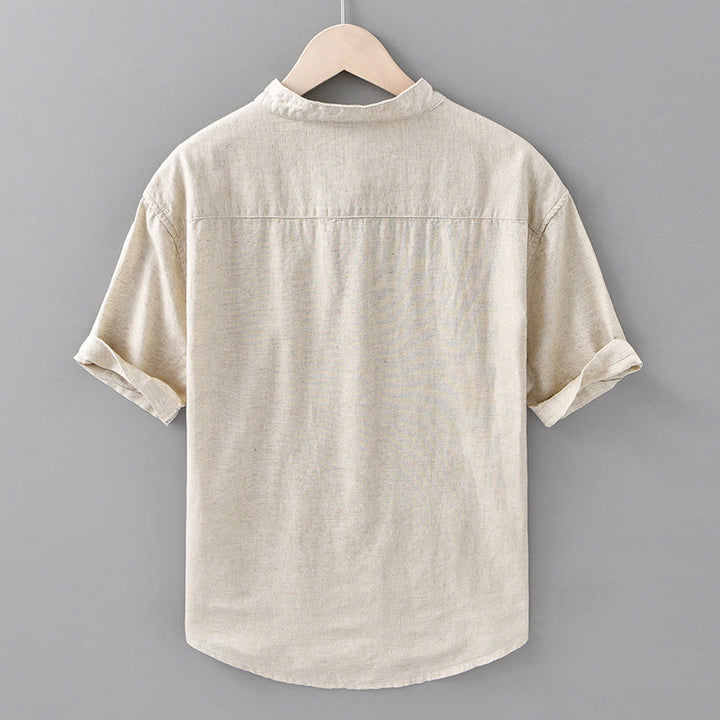 Buddha Stones Summer Solid Color Men's Half Button Short Sleeve Cotton Linen Shirt - image 2