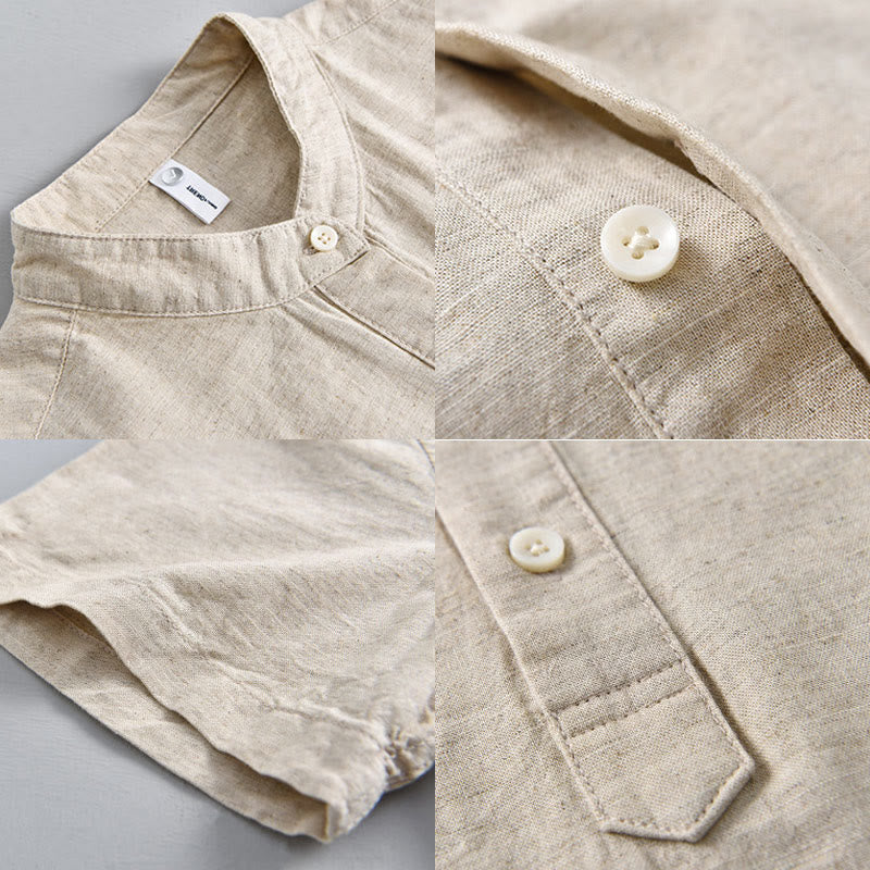 Buddha Stones Summer Solid Color Men's Half Button Short Sleeve Cotton Linen Shirt - image 3