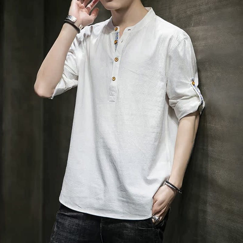 Buddha Stones Summer Solid Men's Half Buttons Half Sleeve Linen Shirt - White - US/UK/AU46，EU56 (5XL) - image 25