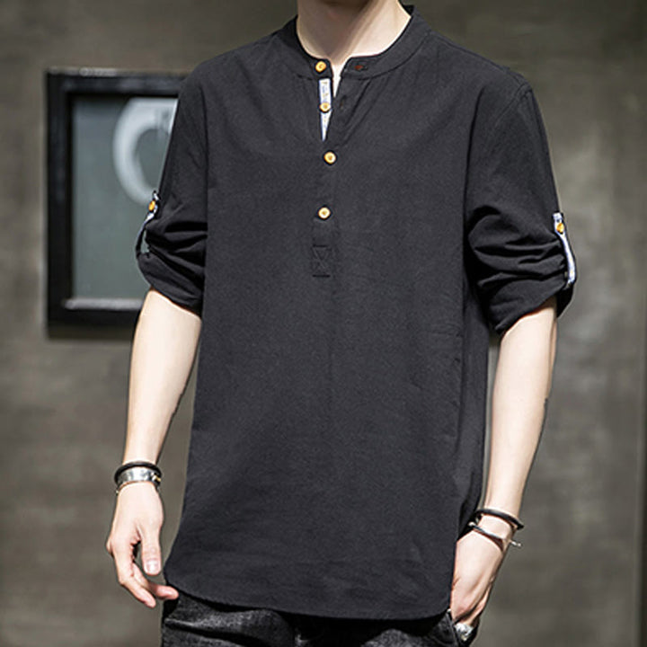 Buddha Stones Summer Solid Men's Half Buttons Half Sleeve Linen Shirt - image 14