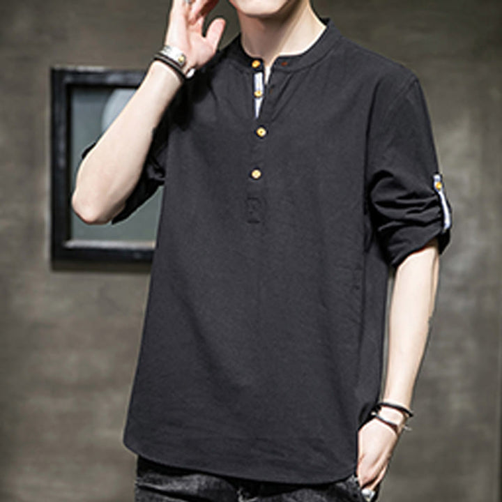 Buddha Stones Summer Solid Men's Half Buttons Half Sleeve Linen Shirt - image 16