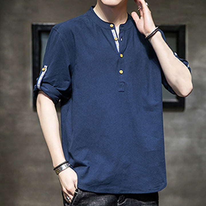 Buddha Stones Summer Solid Men's Half Buttons Half Sleeve Linen Shirt - image 19