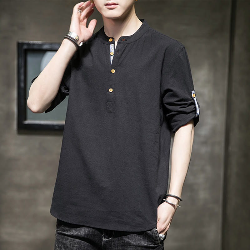 Buddha Stones Summer Solid Men's Half Buttons Half Sleeve Linen Shirt - image 10