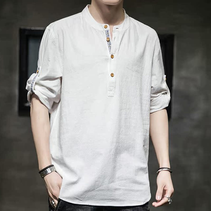 Buddha Stones Summer Solid Men's Half Buttons Half Sleeve Linen Shirt - image 33