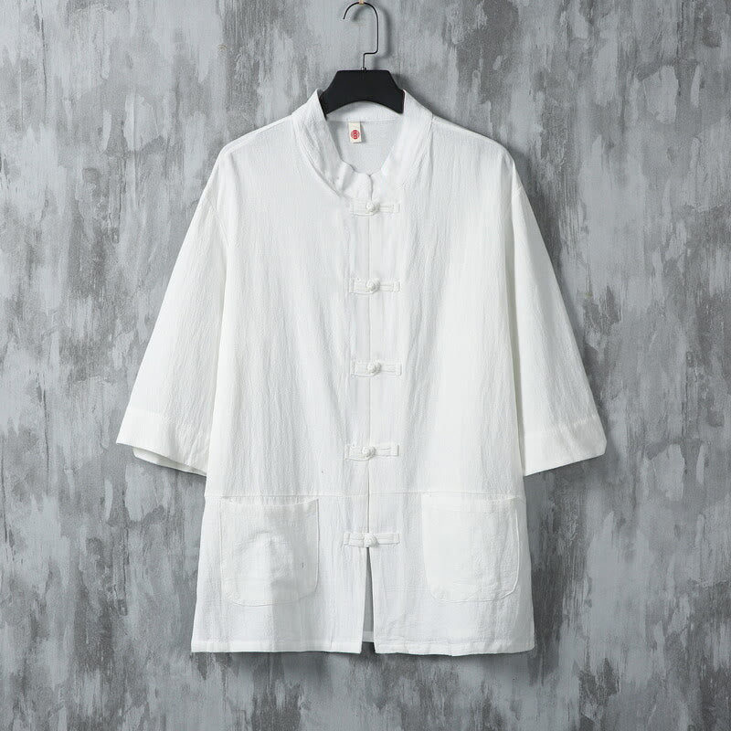 Buddha Stones Solid Color Tang Suit Frog-Button Design Men's Half Sleeve Linen Shirt With Pockets - White - US/UK/AU46，EU56 (5XL) - image 2