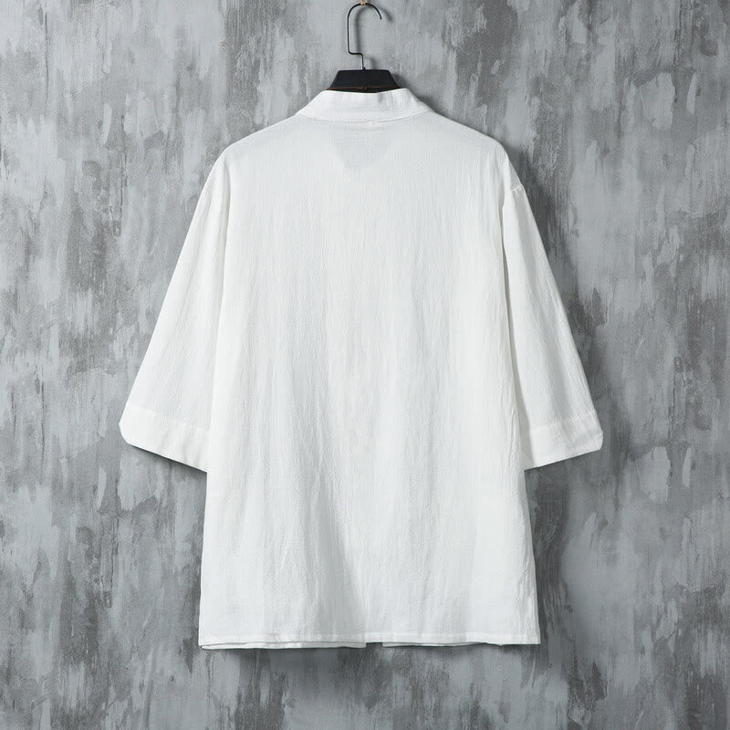 Buddha Stones Solid Color Tang Suit Frog-Button Design Men's Half Sleeve Linen Shirt With Pockets - image 3