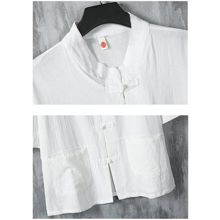 Buddha Stones Solid Color Tang Suit Frog-Button Design Men's Half Sleeve Linen Shirt With Pockets - image 5