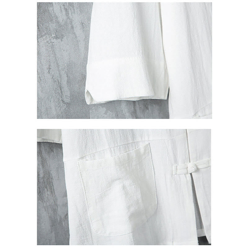 Buddha Stones Solid Color Tang Suit Frog-Button Design Men's Half Sleeve Linen Shirt With Pockets - image 6