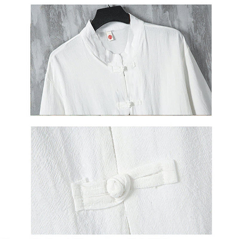 Buddha Stones Solid Color Tang Suit Frog-Button Design Men's Half Sleeve Linen Shirt With Pockets - image 4