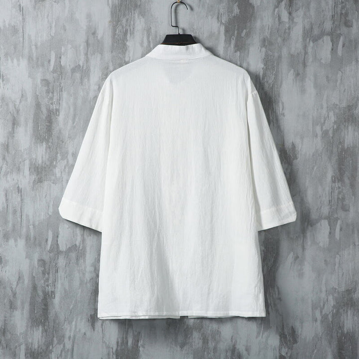 Buddha Stones Solid Color Tang Suit Frog-Button Design Men's Half Sleeve Linen Shirt With Pockets - image 3