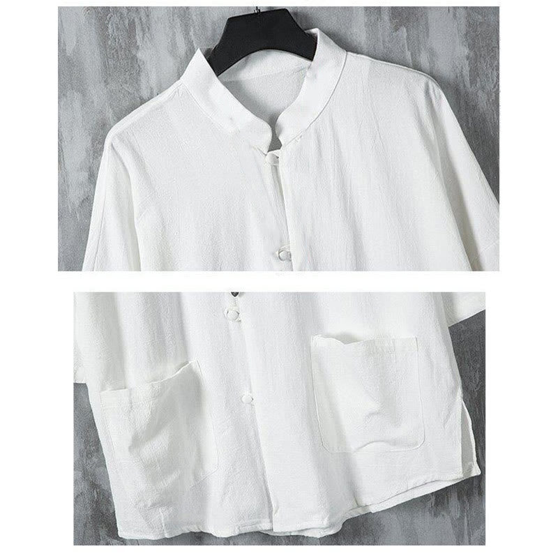 Buddha Stones Summer Solid Color Tang Suit Design Men's Half Sleeve Linen Shirt With Pockets - image 4