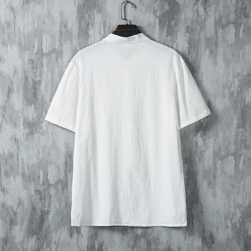 Buddha Stones Summer Plain Tang Suit Frog-Button Design Men's Short Sleeve Cotton Shirt - image 3