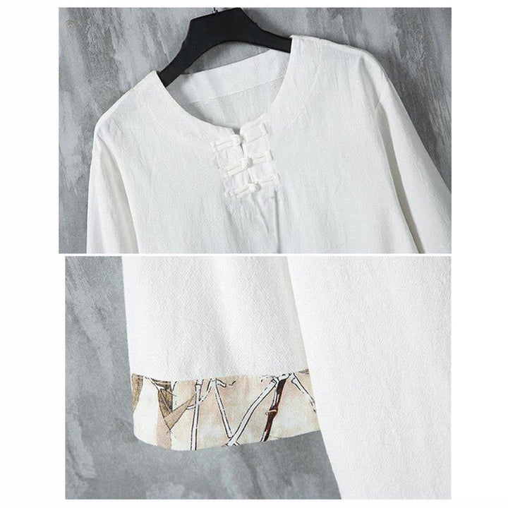 Buddha Stones Summer Frog-Button Yellow Bamboo Leaves Half Sleeve Men's Linen Shirt - image 4