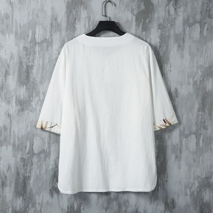 Buddha Stones Summer Frog-Button Yellow Bamboo Leaves Half Sleeve Men's Linen Shirt - image 2