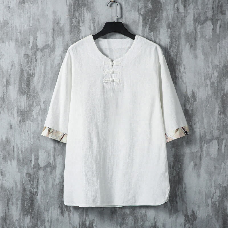 Buddha Stones Summer Frog-Button Yellow Bamboo Leaves Half Sleeve Men's Linen Shirt - White - US/UK/AU46，EU56 (5XL) - image 1