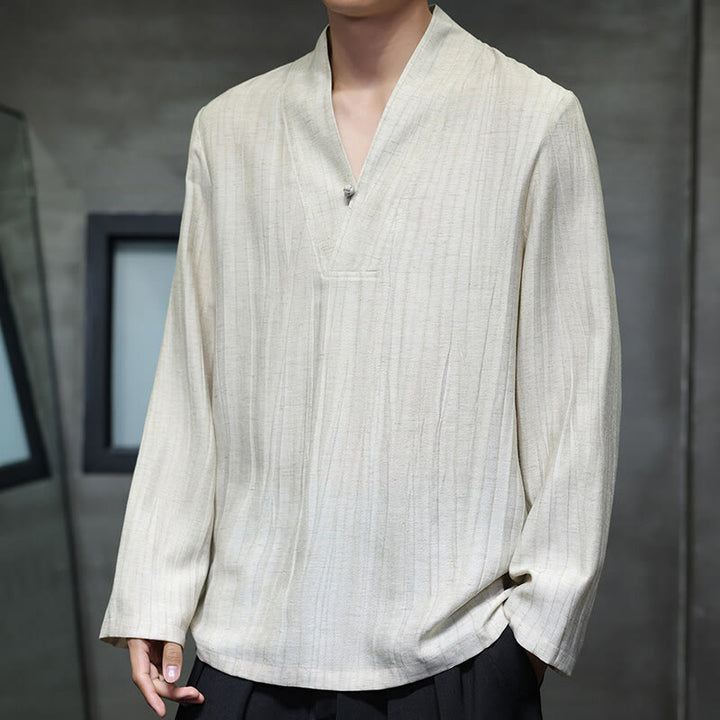 Buddha Stones Plain V-Neck Long Sleeve Men's Linen Shirt - image 11