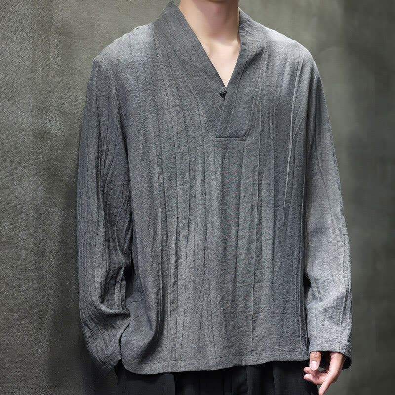 Buddha Stones Plain V-Neck Long Sleeve Men's Linen Shirt - Gray - US/UK/AU46，EU56 (5XL) - image 0