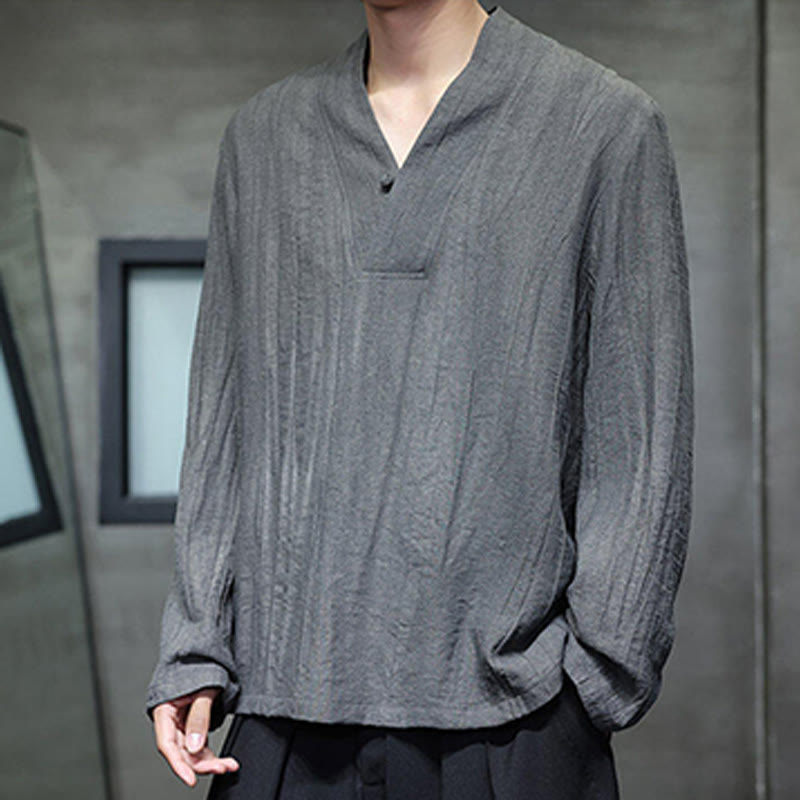 Buddha Stones Plain V-Neck Long Sleeve Men's Linen Shirt - image 4