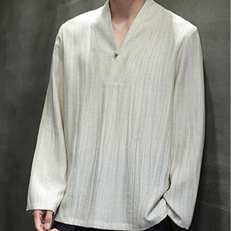 Buddha Stones Plain V-Neck Long Sleeve Men's Linen Shirt - image 15